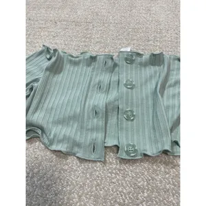 Ribbed Off-Shoulder Button Crop Top in Sage Green Size S Shell 91% Tencel thumbnail 10