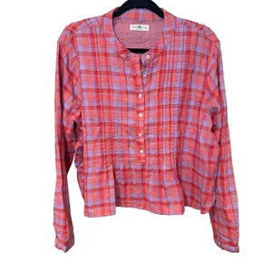 Natural Life Pink Purple Plaid Pintuck Blouse Gold Metallic Cotton Top Medium thumbnail 2