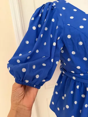 Lilly Pulitzer Kara Cotton Wrap Blue Polka Dot Top Puff sleeve, Sz 8 thumbnail 3