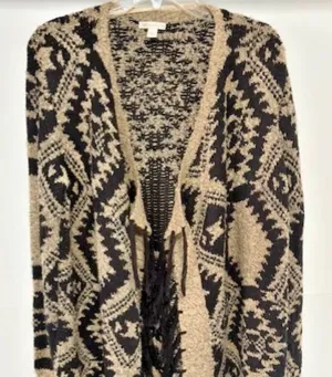Cato Womens Beige Black Gold Metallic Open Front Cardigan Geometric Tassel Drape thumbnail 1