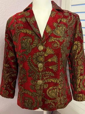 Women's Red and Gold Brocade Blazer - Tailored Floral Jacket thumbnail 1