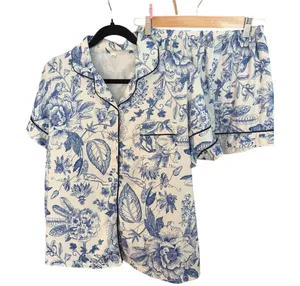 Blue White Floral Pajama Set Medium Button Front Shorts Lounge Sleepwear thumbnail 1