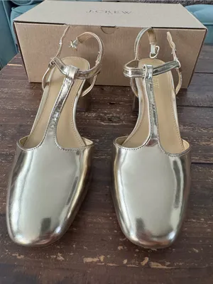 NEW! J. Crew T-Strap Heels Metallic Gold Block Heel thumbnail 3
