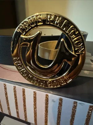 True Religion Black Leather Belt with Gold Logo Buckle thumbnail 3