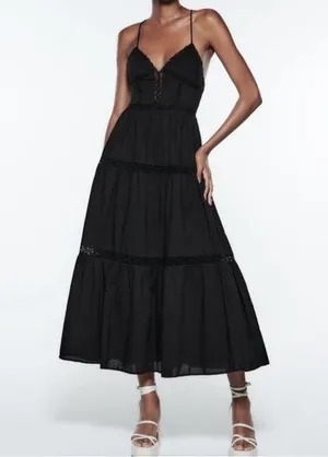 ZARA Black Lace Insert Open Back Strappy Midi Dress Large NEW thumbnail 1