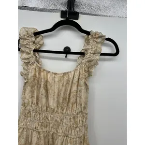 Melloday Tan Floral Smocked Waist Ruffle Strap Tiered Midi Dress S Cottagecore thumbnail 6