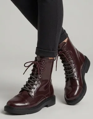 DKNY Burgundy Patent Leather Combat Boots Lace Up Zip Size 6M thumbnail 1