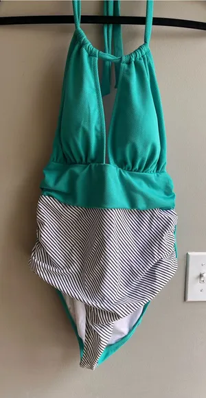 Cupshe Turquoise Halter One-Piece Swimsuit with Striped Bottom thumbnail 1