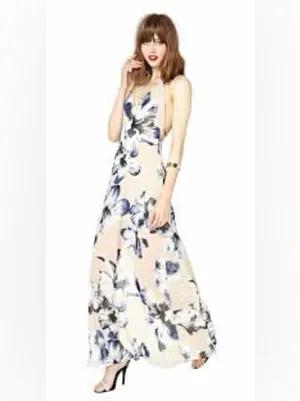 LUSH Long Ivory & Blue Floral Maxi Dress Sz S thumbnail 7