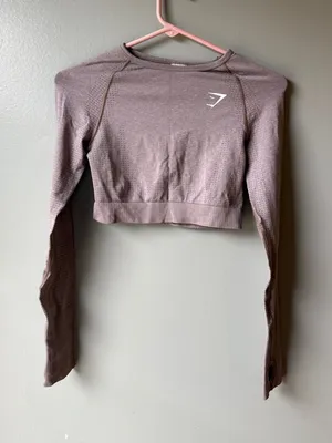 Gymshark Gym Crop Top Long Sleeve Thumbhole Seamless Workout Shirt Women’s S Taupe thumbnail 1