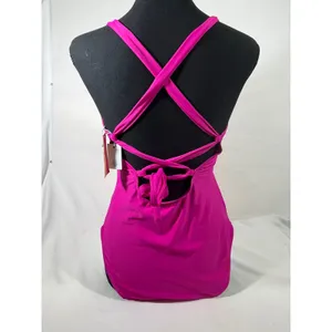 Kona Sol Crochet Trim‎ Lace Up Back 1 Piece Swimsuit Women M Hot Pink Barbievore thumbnail 2