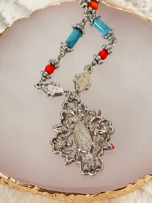 Southwestern Turquoise Coral Style Necklace Silver Tone Statement Pendant Boho thumbnail 4