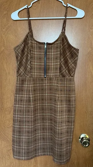 No Boundaries Brown Plaid Spaghetti-Strap Mini Dress with Front Zip thumbnail 1
