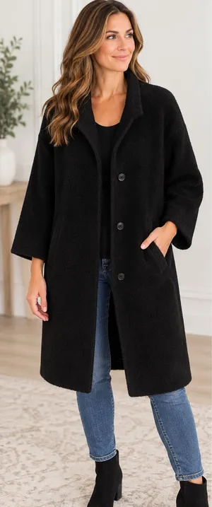 Jones New York Black Wool Alpaca Blend Button Front Midi Coat Size 12 thumbnail 1