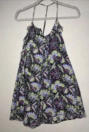 Free People Floral Spaghetti-Strap Romper in Black, Lavender, Lime thumbnail 1