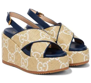 GUCCI GG logo raffia platform wedges sandals thumbnail 1