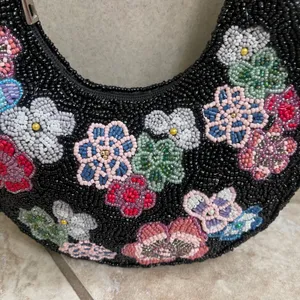 Studio 12 Black Beaded Floral Hobo Shoulder Bag Crescent Y2K Small Purse thumbnail 2