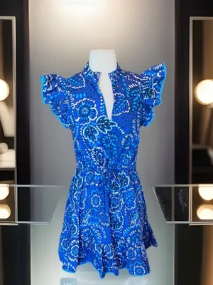 Avara Sloane Bright Blue Dress Flutter Sleeve Drawstring Cinched Waist Mini New thumbnail 4