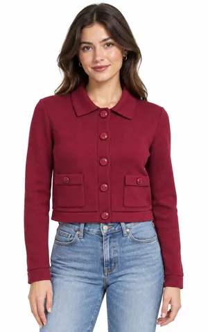 Zara Burgundy Cropped Cardigan Jacket Size S Collared Button Front thumbnail 1