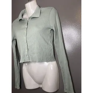 Brandy Melville Cardigan Sweater Womens Small Green Ribbed Button Front Cropped thumbnail 3