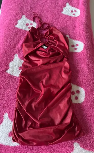 Lucy in the Sky Stunning red satin dress with a ruched design. Perfect for special occasions. thumbnail 1