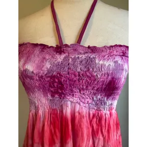 Rainbow TieDye Smocked Halter MiniDress CoverUp Pink Blue Green boho beach M NWt thumbnail 2