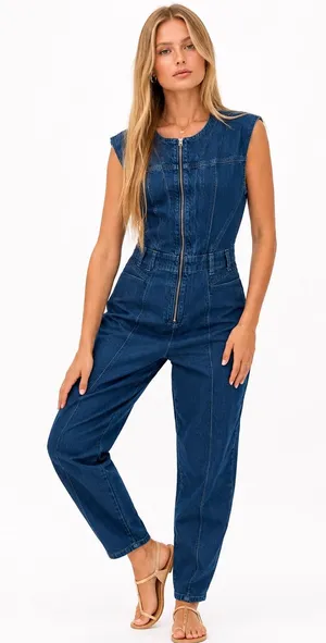 Universal Threads Tailored Denim Zip Front Sleeveless Jumpsuit Dark Wash Size 8 thumbnail 1