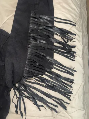 Black denim button-up dress with faux leather fringe thumbnail 3
