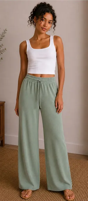 Dee Elly Olive Green Drawstring Wide Leg Pants. Size: Small thumbnail 1
