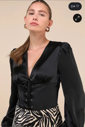 Lulus Unique Composure Black Satin Balloon Sleeve Lace-Up Bodysuit thumbnail 1
