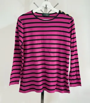 Lauren Ralph Lauren Shirt Womens Size L Pink Black Striped Long Sleeve Preppy thumbnail 1