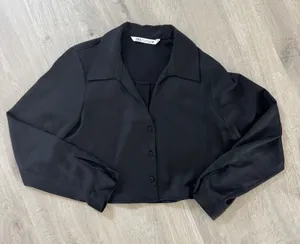 ZARA Cropped Satin Long Sleeve Button Down thumbnail 1