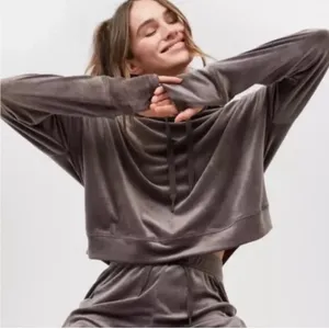 OFFLINE by Aerie Velour Cropped Hoodie Gray Thumbhole Pullover Sweatshirt Small thumbnail 1