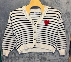 2160 | Old Navy SoSoft Striped Heart Cardigan Sweater White Women Large thumbnail 1