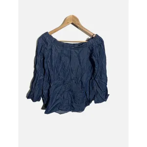 Denim by Ellison Off Shoulder Top Womens S Blue Crinkle Chambray Boho RT1436-5 thumbnail 2