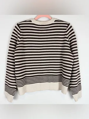 NWT Adrianna Papell Button Front‎ Striped Pointelle Cardigan Sweater Cream Brown thumbnail 11