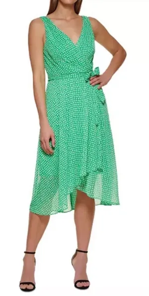 DKNY Lime Green White Chiffon Sleeveless Faux Wrap V Neck Fit & Flare Midi Dress thumbnail 1