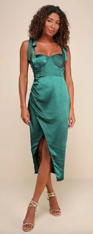Lulus Graceful Sophistication Emerald Green Satin Tie-Strap Midi Dress XL NWT thumbnail 1