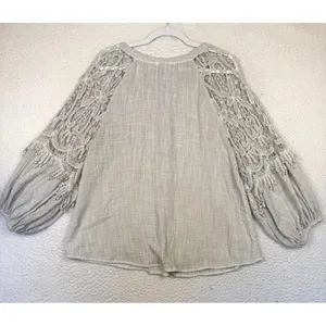 XCVI‎ Blouse Womens XS Beige Crochet Sleeve Tassel Tie Boho Peasant Tunic Top thumbnail 2