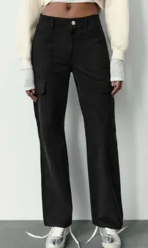 Zara | TRF Straight‎ Cargo Wide Leg Pants Jeans in Black Size 6 thumbnail 1