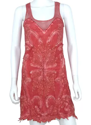 Free People Pink Mesh Beaded Boho Butterfly V‎ Neck Mini Dress Size Small thumbnail 1