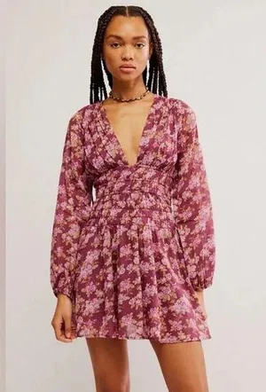 Free People Mauve Keep You Floral Smocked V Neck Mini Dress Berry Combo S thumbnail 1