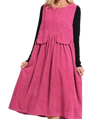 ZENANA Premium Magenta XL Corduroy Overall Popover Jumper Midi Pockets Dress thumbnail 1