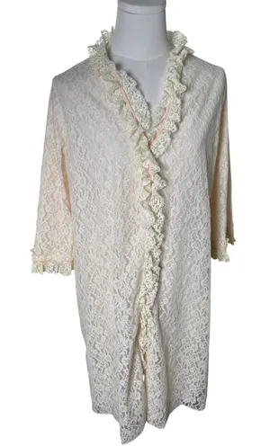 Vintage Lady Irene Lace Ruffle Peignoir Robe L Ivory Pink Ribbon Nylon Nightgown thumbnail 1