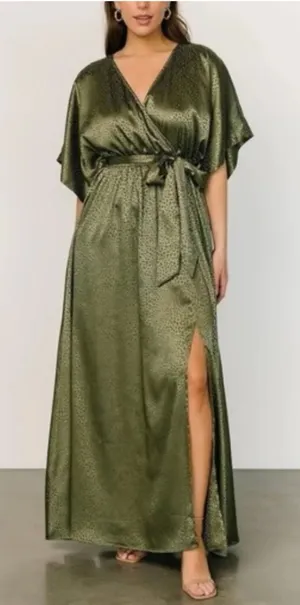 NWT BALTIC BORN Savannah Satin Olive Green Leopard Print Maxi Dress Womens Small thumbnail 1