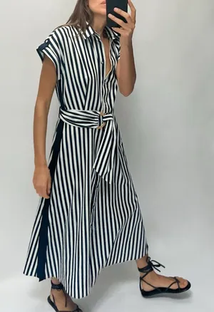 Zara Striped Linen Blend Button-Front Midi Dress Waist Tie - Navy & White thumbnail 1