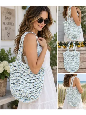 Handmade Crochet Tote Bag White Blue Green Boho Beach Market Shoulder Purse thumbnail 2