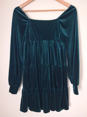 Altar'd State Velvet Green Tiered Long Sleeve Dress Holiday XS thumbnail 5