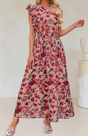 Maxi Ruffle One Shoulder Dress Pink Size M thumbnail 1