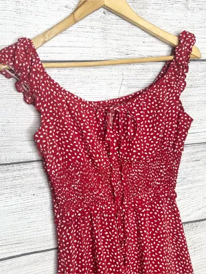 Red & White Polka Dot Smocked Sleeveless Mini Dress with Ruffle Hem Size Small thumbnail 4